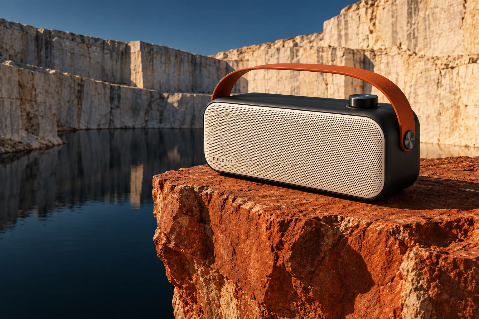 FIELD 01, a charcoal and ivory portable speaker with an orange handle, on red stone above quarry water