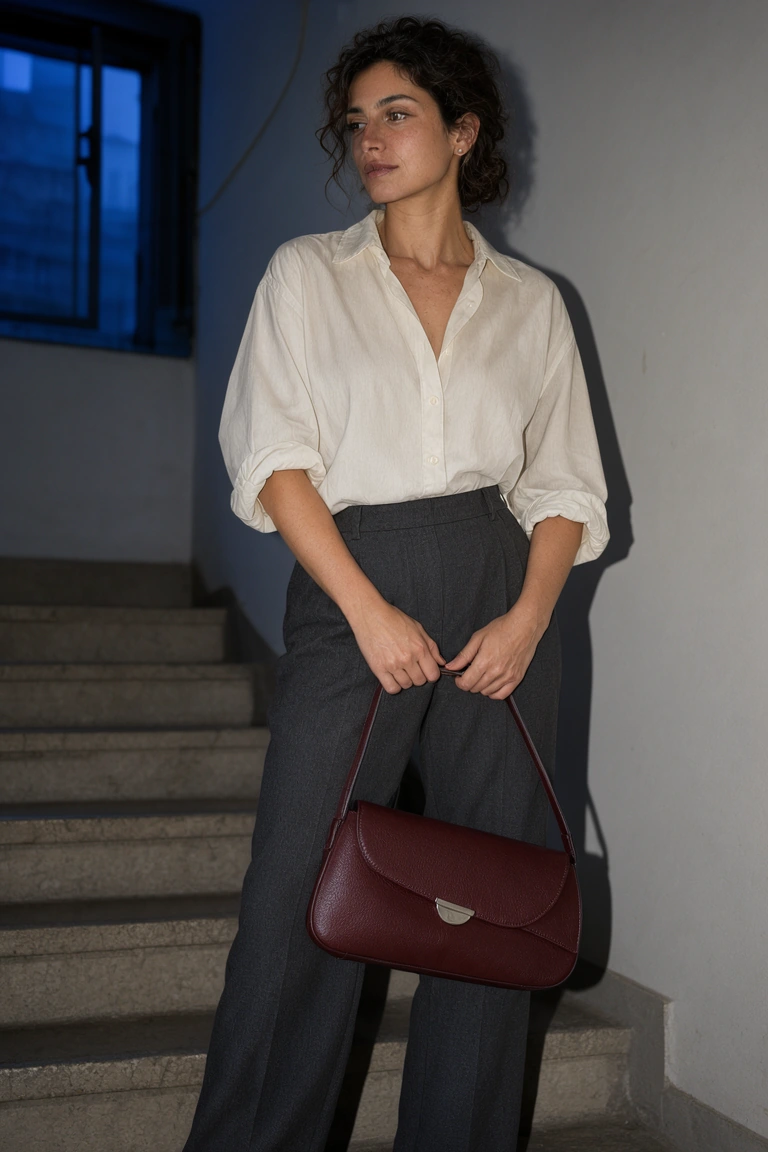 Browser-generated revision: the same character, styling and bag in a blue-hour stairwell