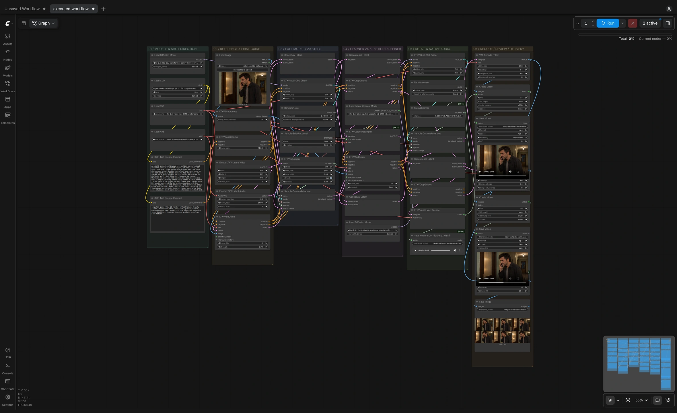 Actual ComfyUI canvas showing all 41 connected RELAY nodes, model and reference inputs, conditioning, sampling, native audio, decoding, review and video export