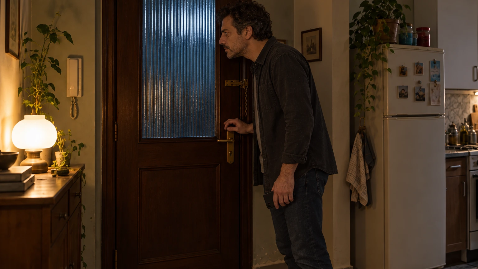 A fictional man listens at the frosted door of his apartment at night