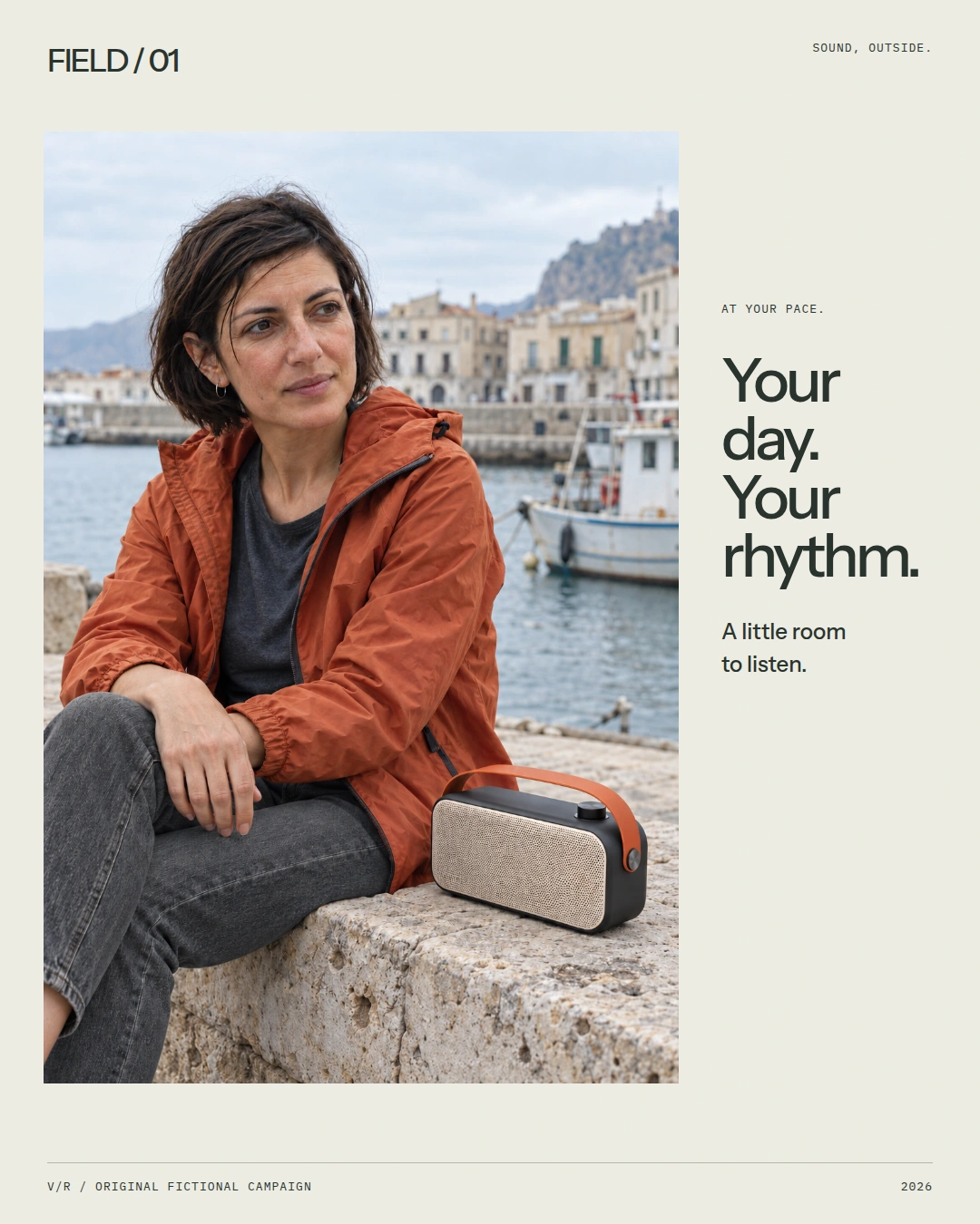 FIELD editorial social layout: the new photographic Mara portrait, speaker and Your day. Your rhythm.