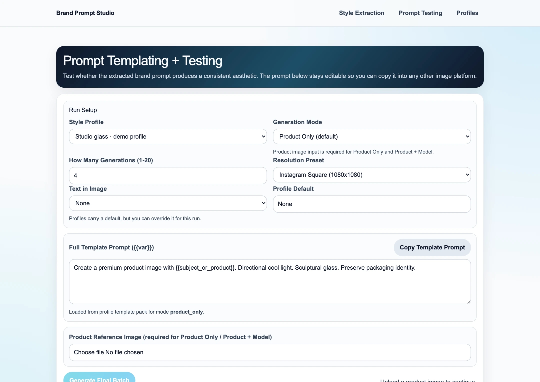 Original Brand Prompt Studio prompt workspace with sample content