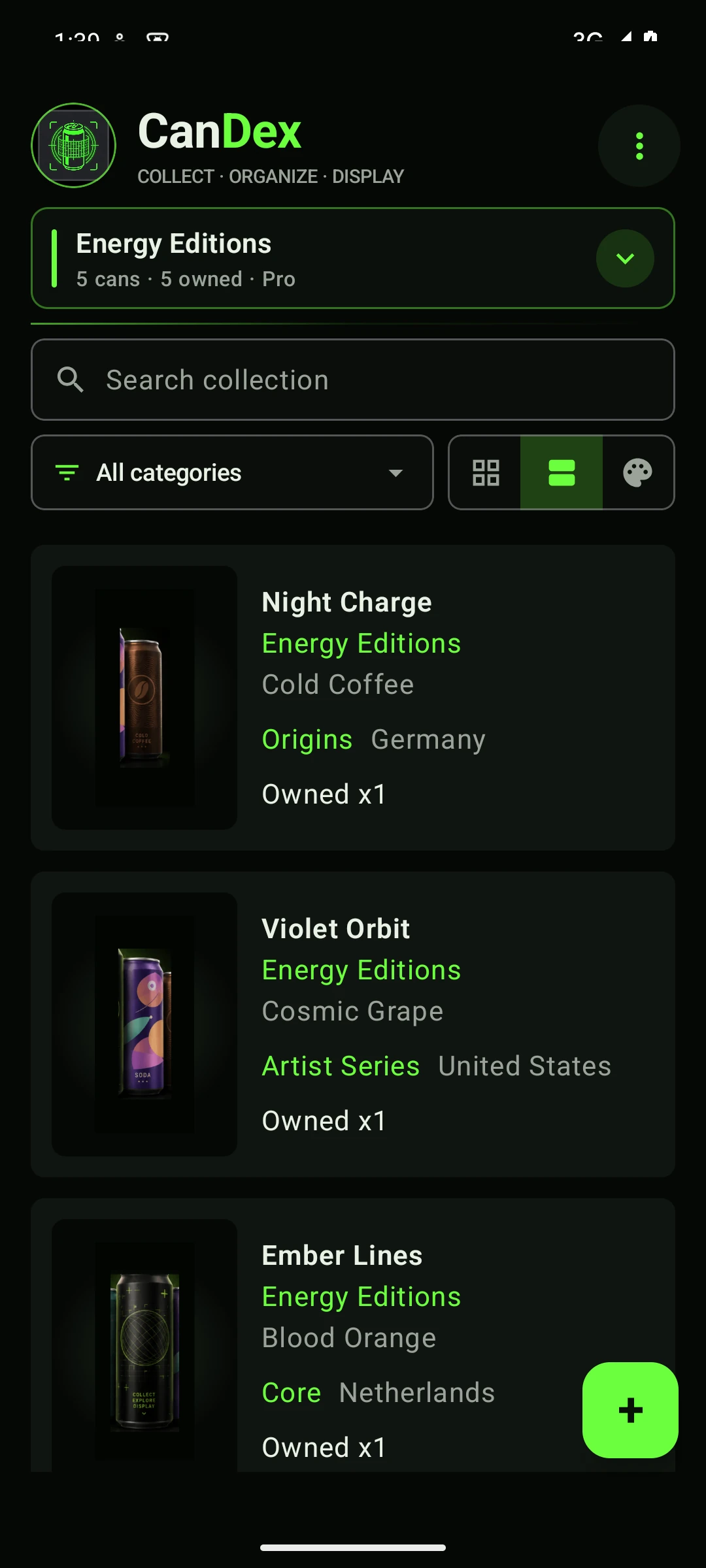 Original CanDex Android interface with demo content