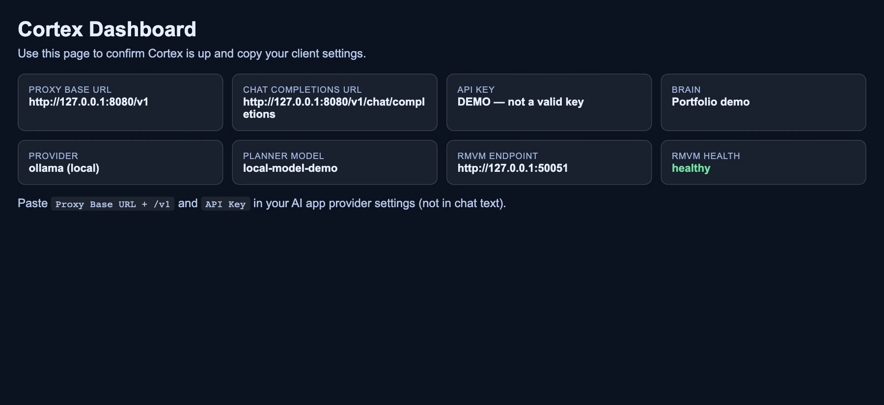 Original Cortex dashboard with simulated status