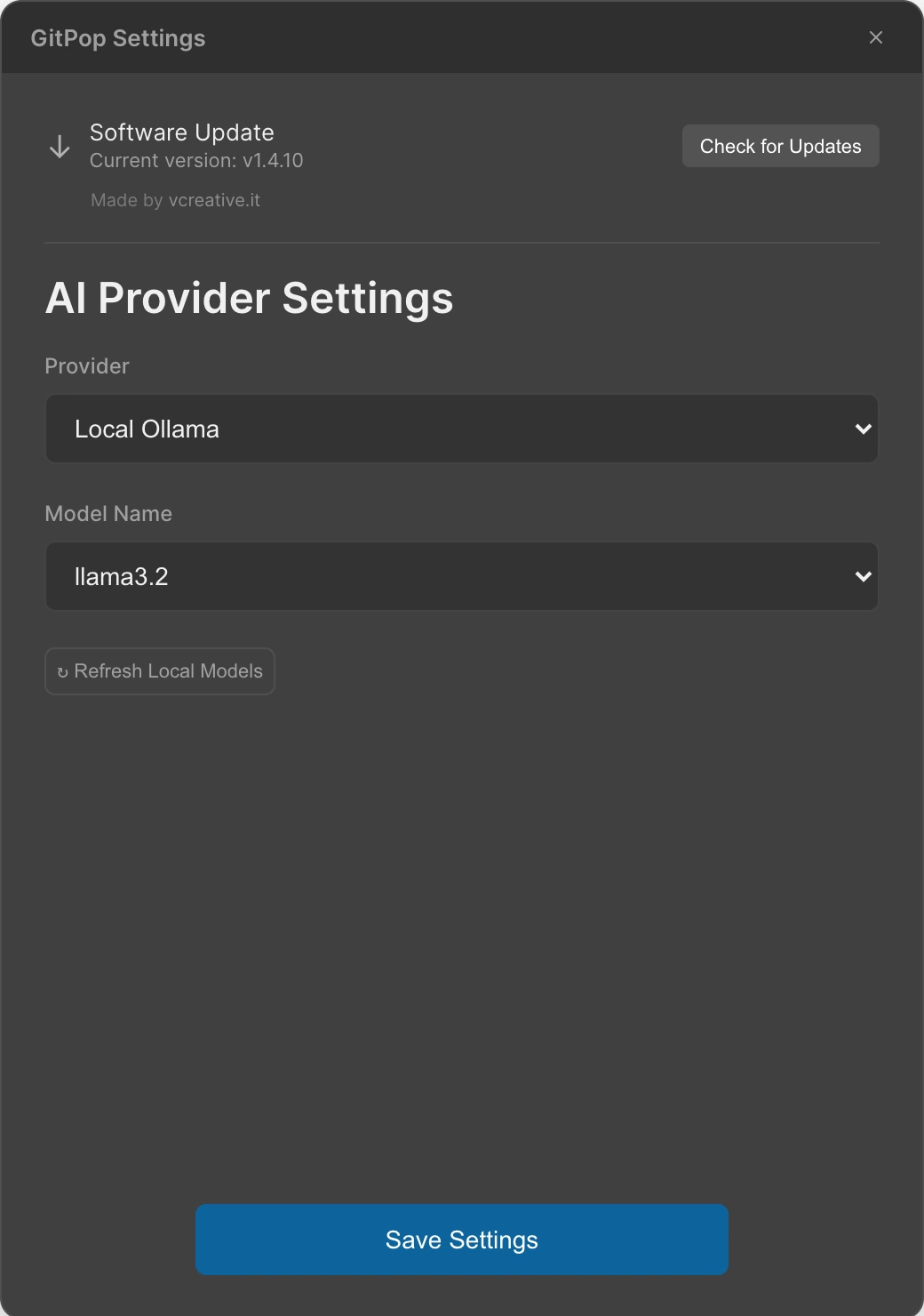 Original settings interface, including the configurable AI provider.