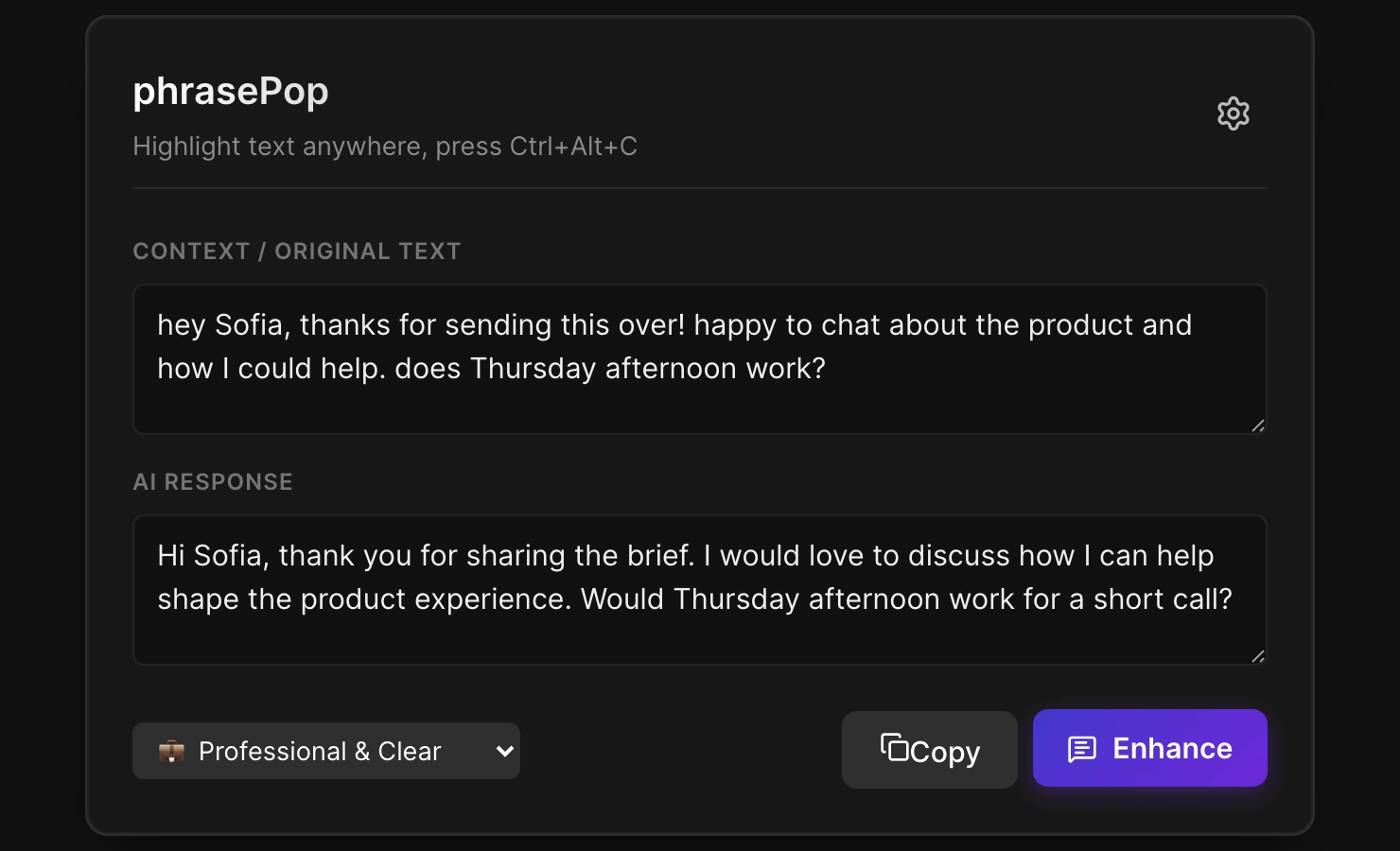 Original PhrasePoP app with synthetic example text