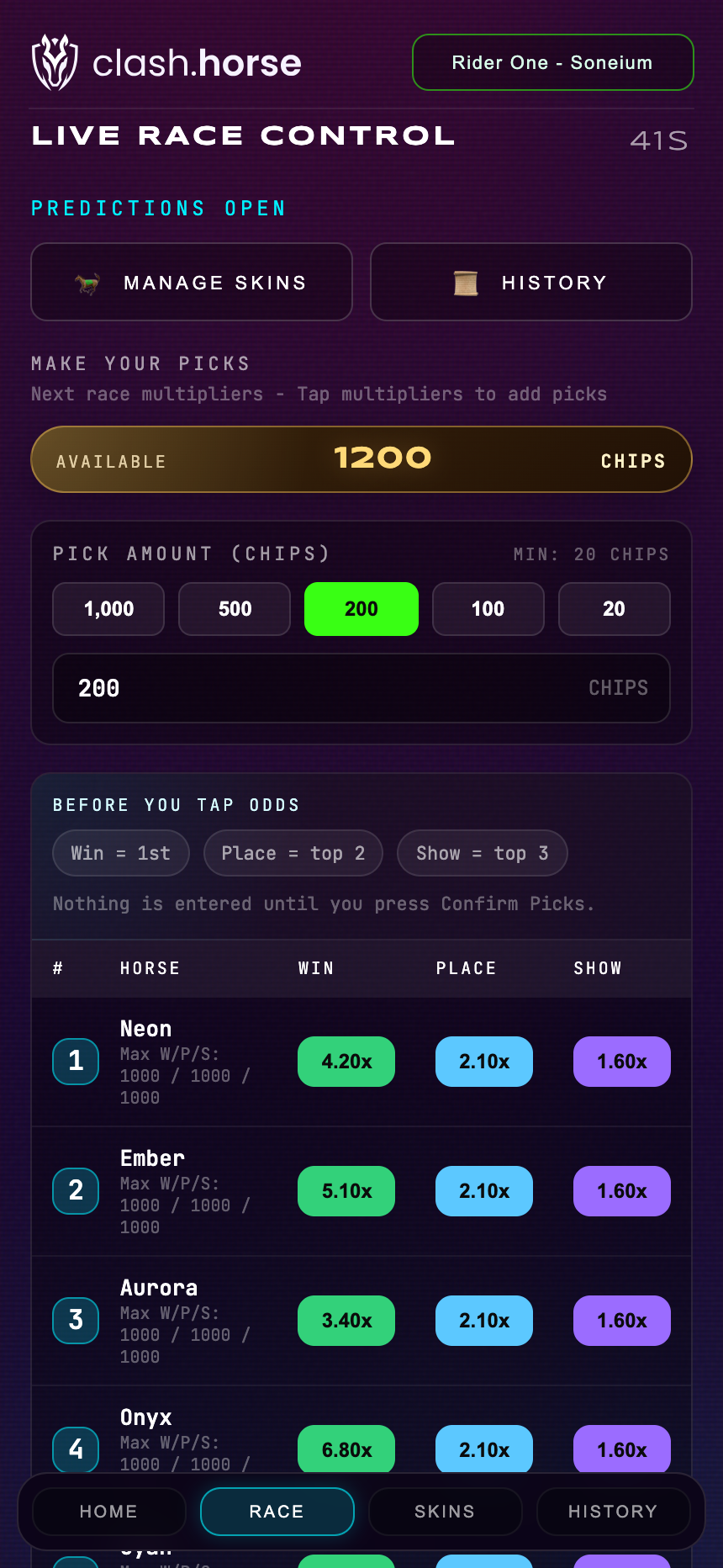 Original ClashHorse prediction controls with sample data