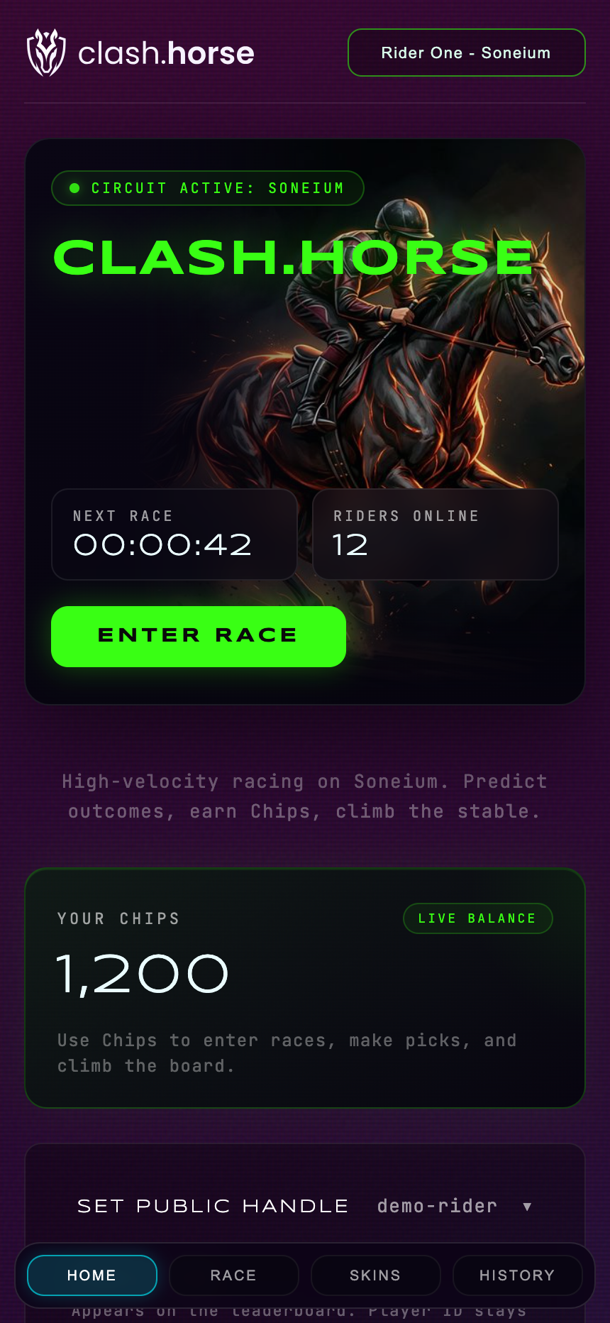 Original ClashHorse app home with a sample session