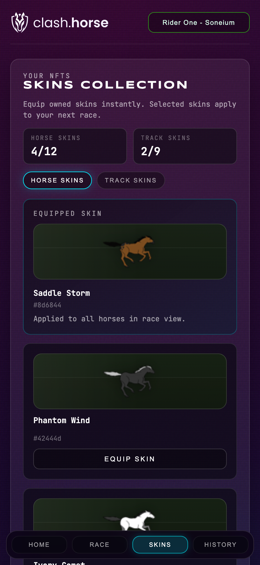 Customization: equipped horses and owned skins. Original app UI with sample session data.
