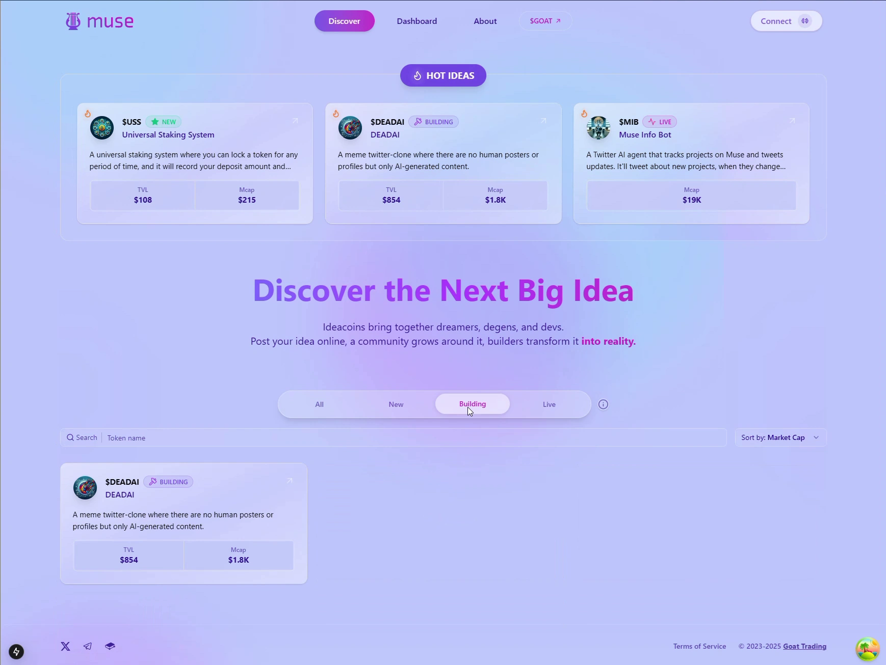 Original Muse Markets discovery interface