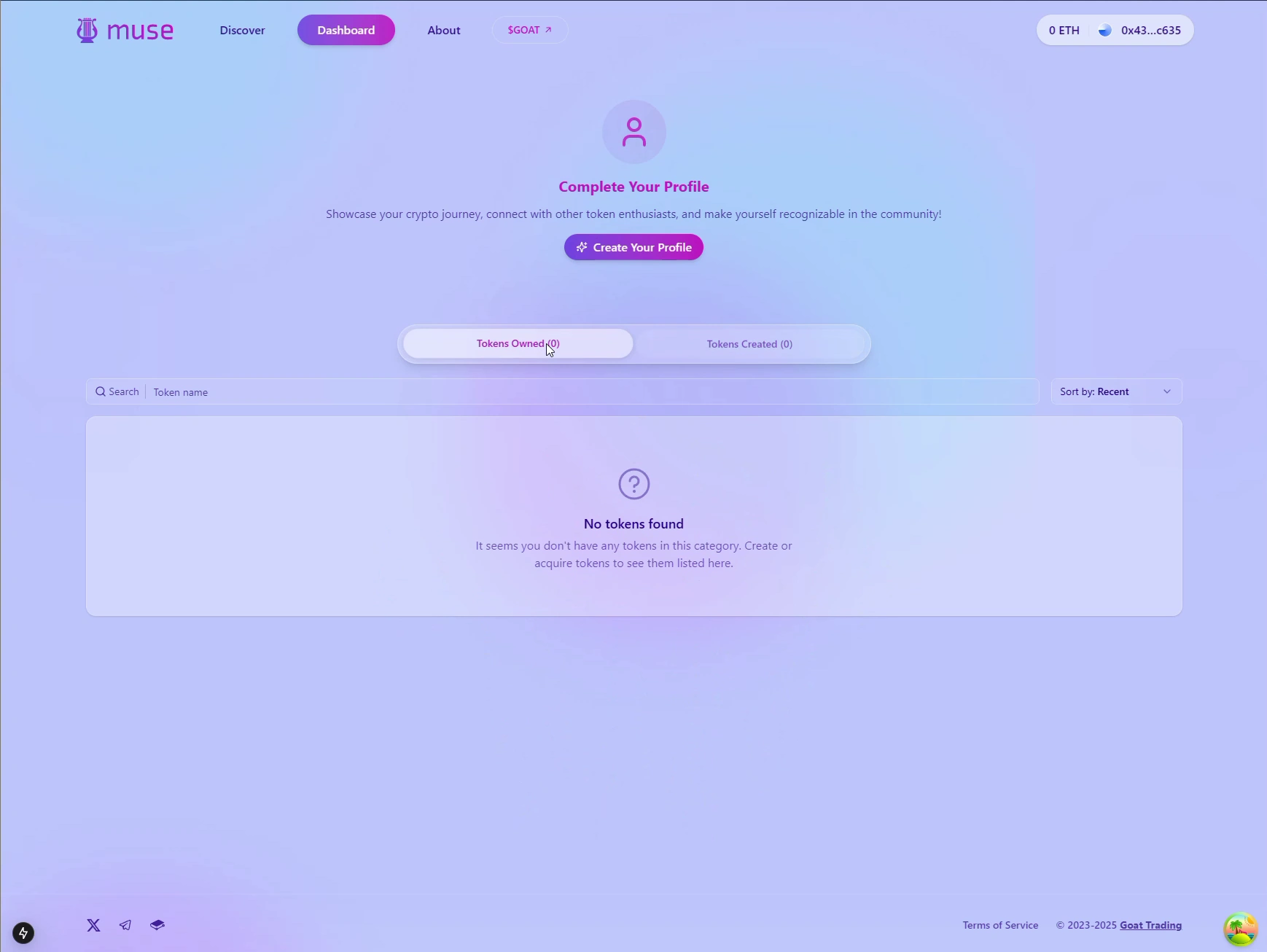 Original Muse Markets profile and empty state
