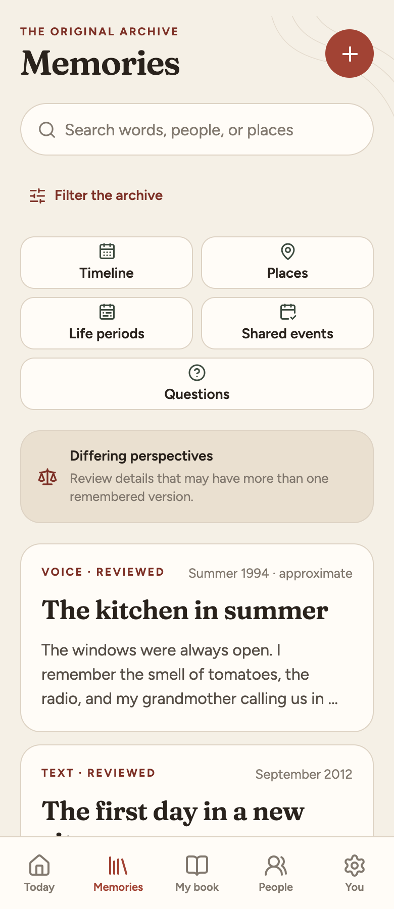 Memories: the original archive with search, filters and differing perspectives. Original app components rendered with fictional sample memories.