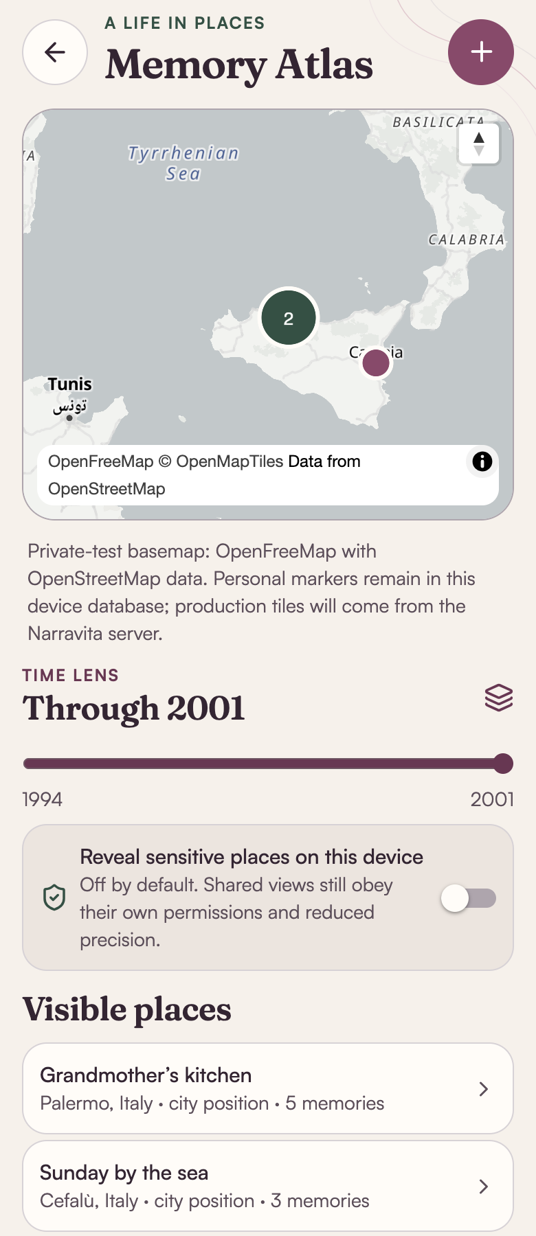 Memory Atlas: the geographic map, clustered memories, time lens and location privacy controls. Latest interface iteration. Original app components rendered with fictional sample memories.