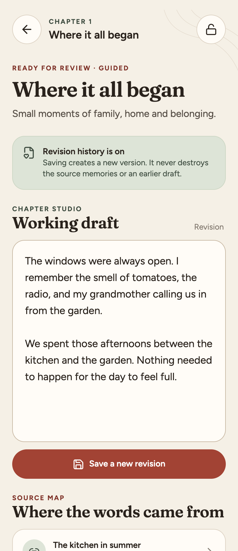 Chapter studio: editing, revision history and source references. Original app components rendered with fictional sample memories.
