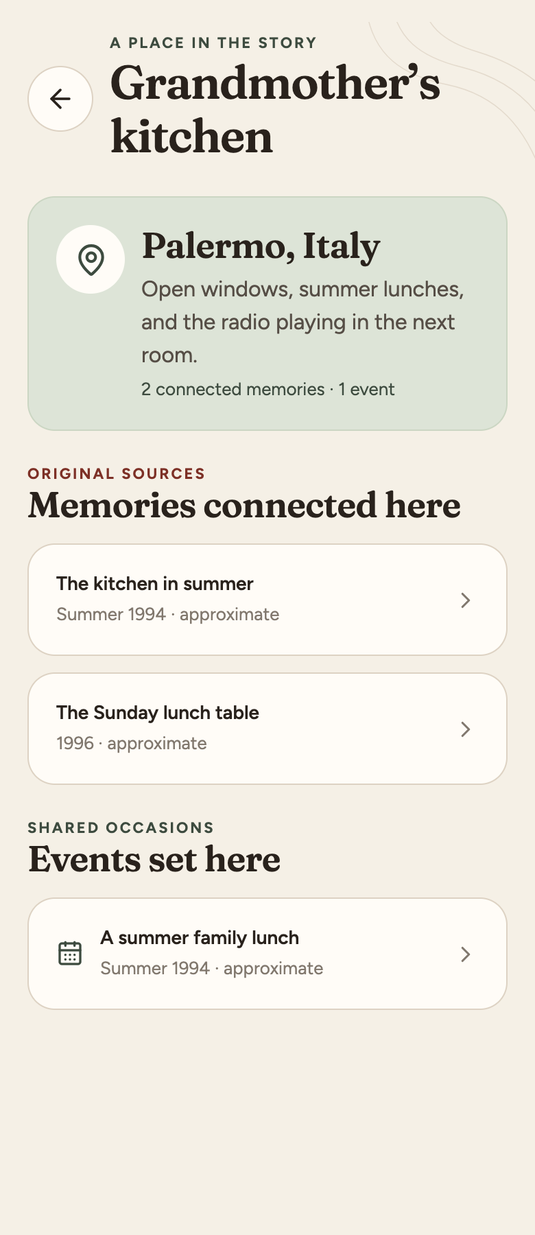 Location detail: memories and events connected to a place, in the original viewer state. Original app components rendered with fictional sample memories.