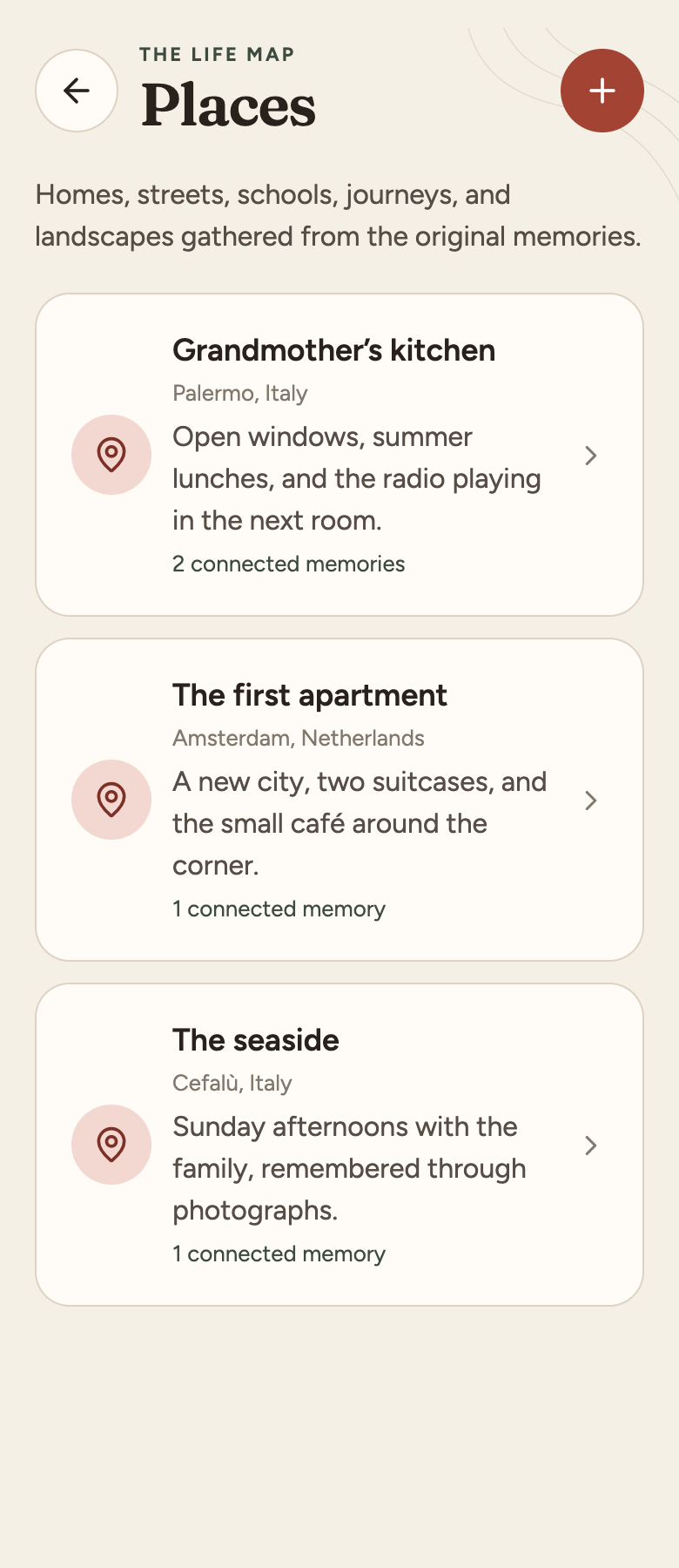 Places index: meaningful locations with connected memories. Original app components rendered with fictional sample memories.